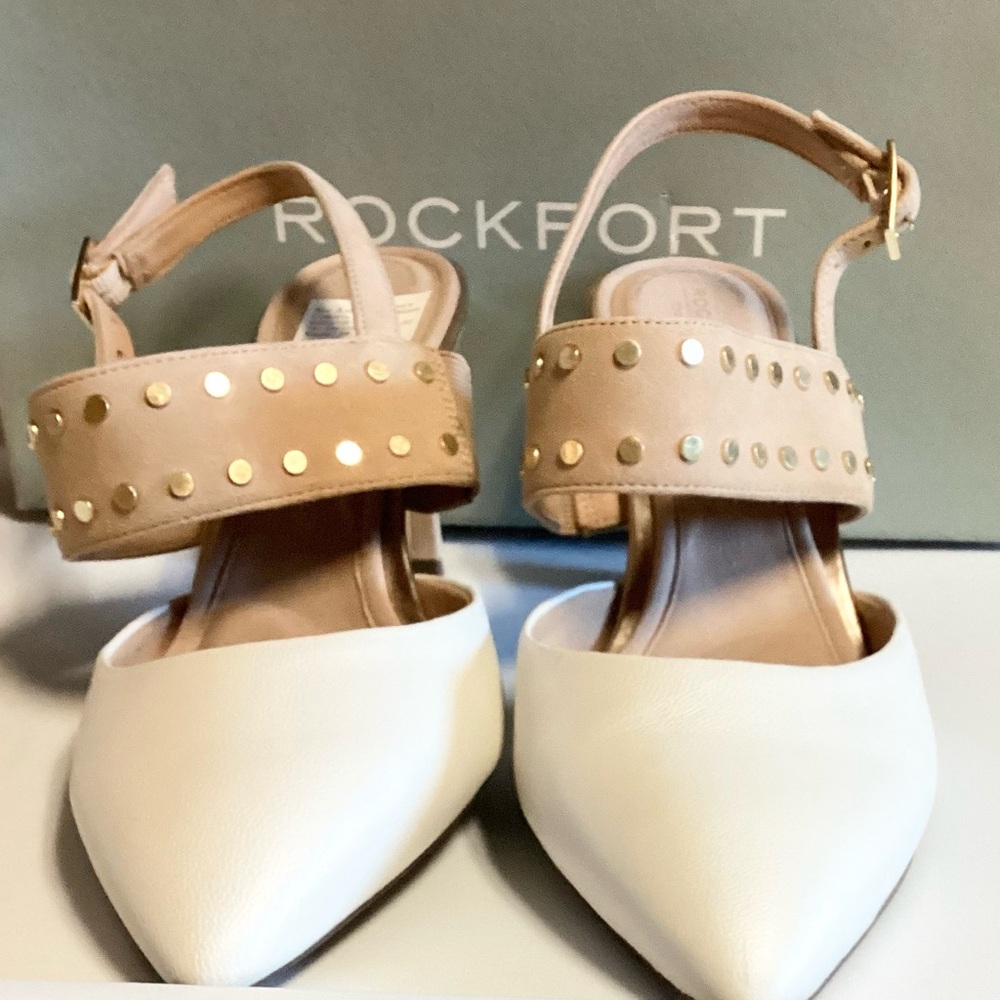 Rockport Slingback Studded Heel Sandals Shoes Tan White Size 7 New